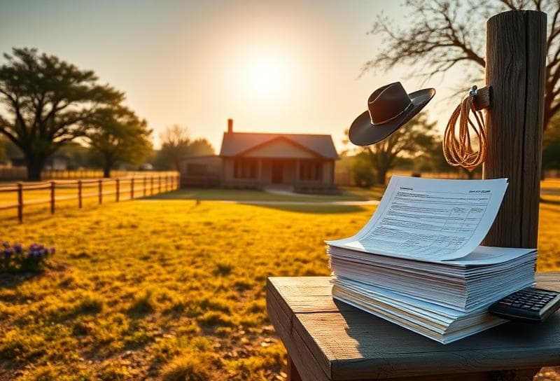 Texas ranch home with cowboy hat, lasso, and property tax documents for binding arbitration eligibility.
