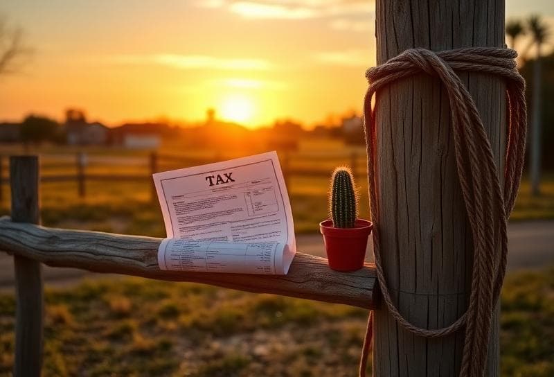 Texas ranch sunset with suburban Houston neighborhood, lasso on fence, and property tax document symbolizing