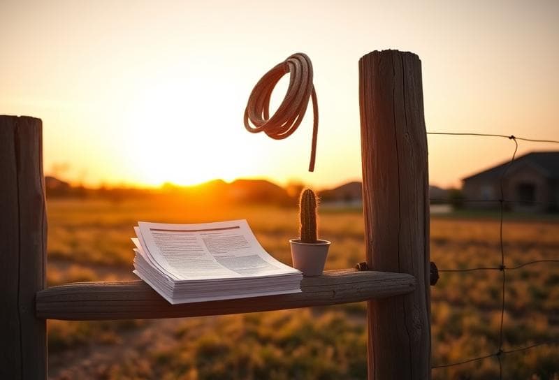 Sunset over a Texas ranch with a Houston suburban neighborhood, lasso on a fence, and