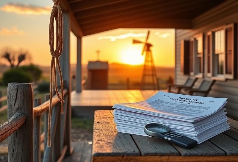 Texas ranch sunset with Houston-style house, lasso on fence, and property tax documents on porch.