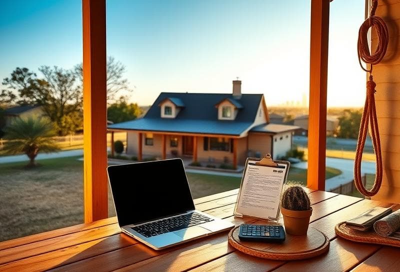 Texas ranch-style home with property tax documents and calculator on porch, Houston skyline in background.