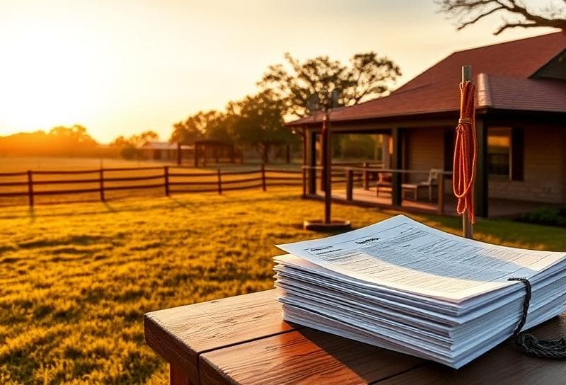 Sunlit Texas ranch with Houston suburban home, lasso, windmill, and property tax documents on rustic