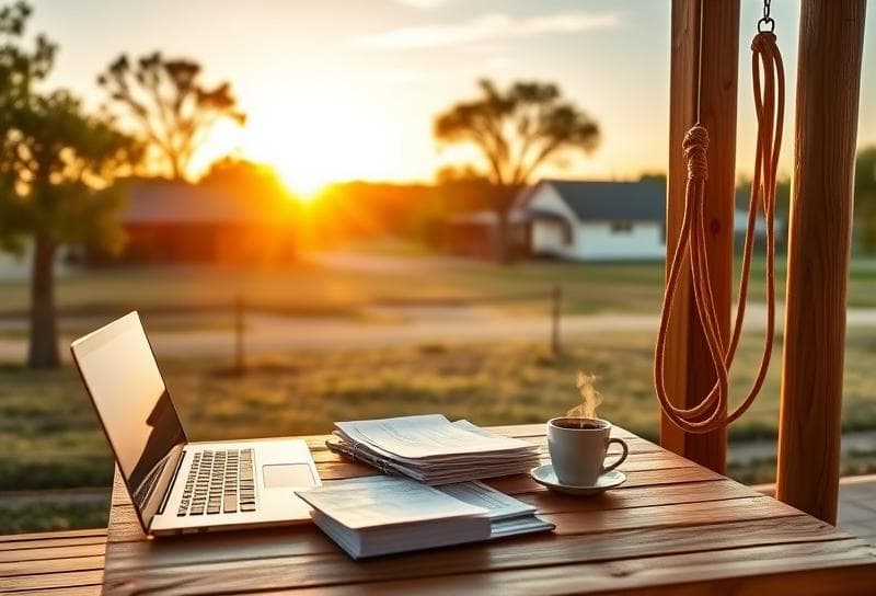 Texas ranch sunrise with Houston suburb, desk with property tax documents, lasso, and coffee.