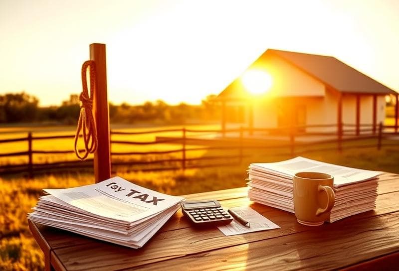 Sunlit Texas ranch with Houston-style home, lasso on fence, and property tax documents symbolizing tax