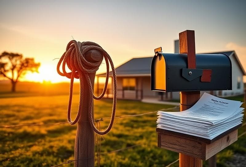 Texas ranch at sunset with lasso on fence, Houston property tax documents on rustic table.