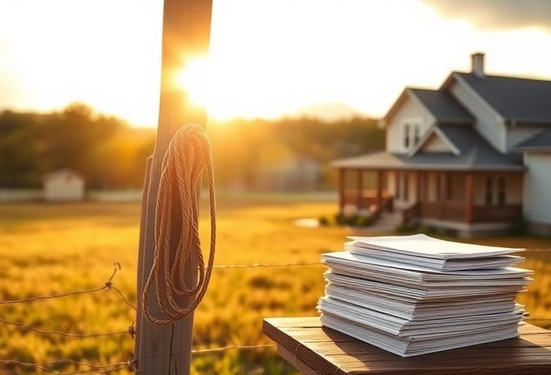Sunlit Texas ranch with modern Houston home, lasso on fence, and property tax documents, emphasizing
