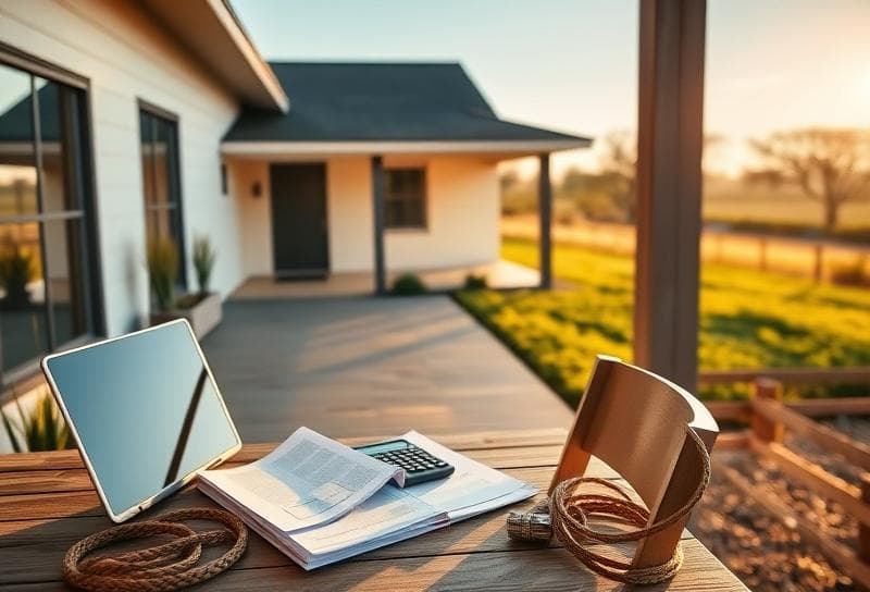 Modern Houston ranch home with porch desk, property tax documents, and lasso, ideal for using