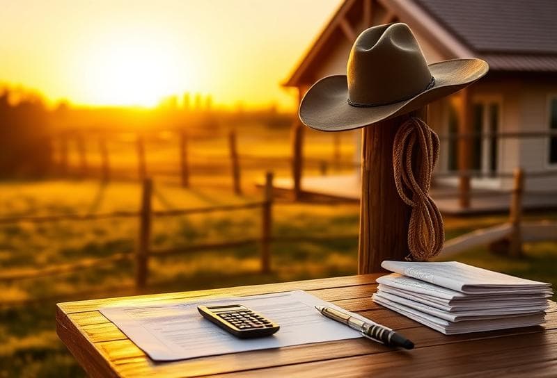 Texas ranch sunset with Houston home, lasso on fence, and property tax documents ready for appeal