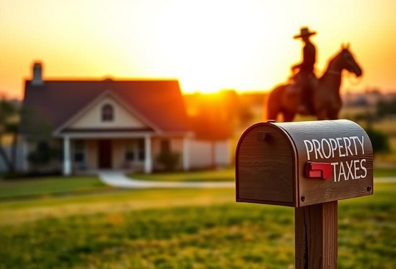Texas ranch sunset with modern Houston home, cowboy guiding horse, and property tax mailbox.