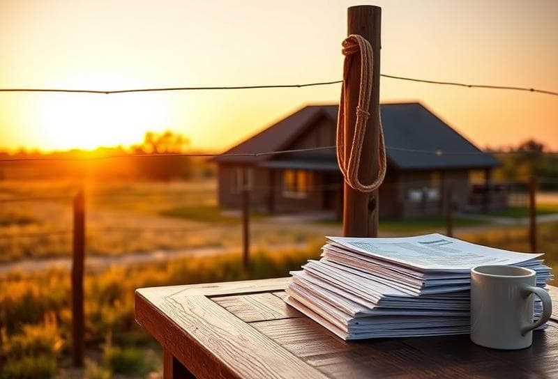 Texas ranch sunset with suburban home, lasso on fence, and property tax documents on table.