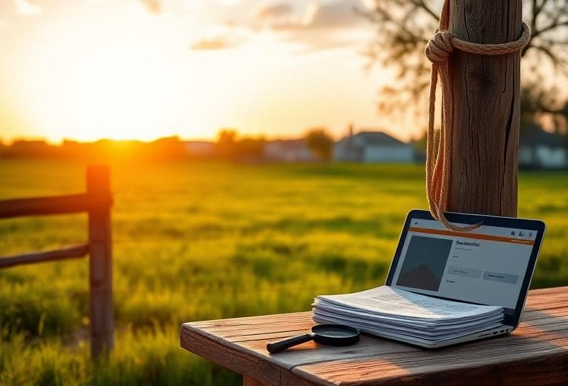 Texas ranch sunset with suburban Houston neighborhood, lasso on fence, and property documents to find