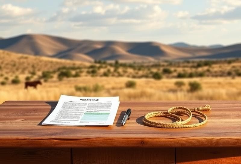 Rustic wooden desk with property tax documents, lasso, and Texas ranch landscape backdrop for county