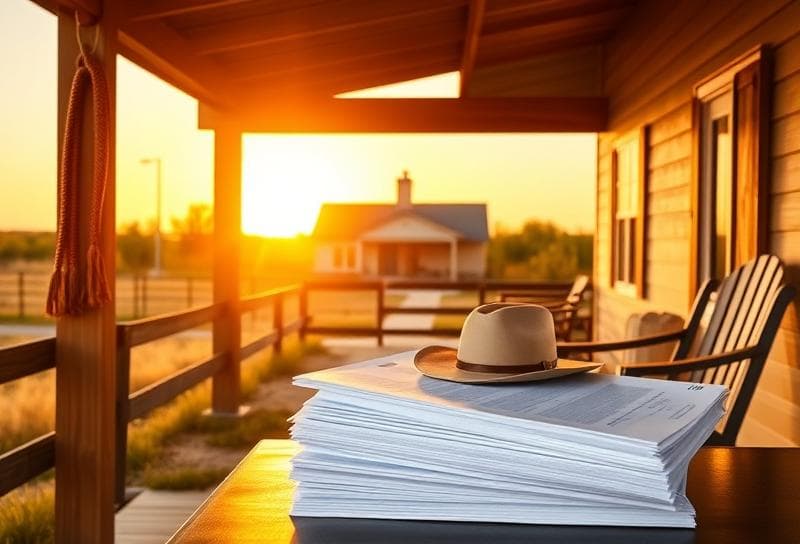 Modern Houston-style home with a Texas sunset, lasso, and property tax documents on the porch.