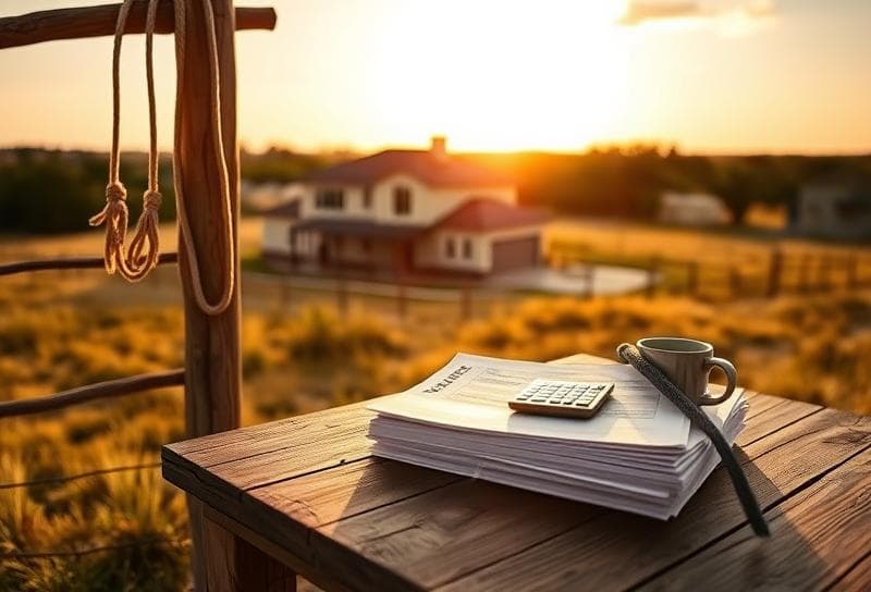 Sunlit Texas ranch with Houston suburban home, lasso on fence, property tax documents on rustic