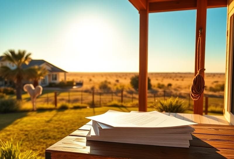 Houston suburban home with Texas prairie, lasso on fence, and property tax documents on porch.