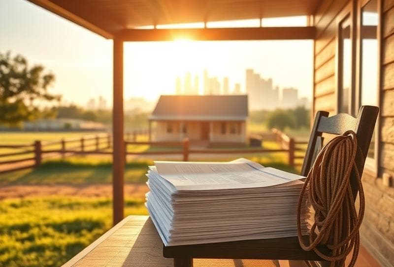 Texas ranch home with Houston skyline, property tax documents, and lasso on porch.