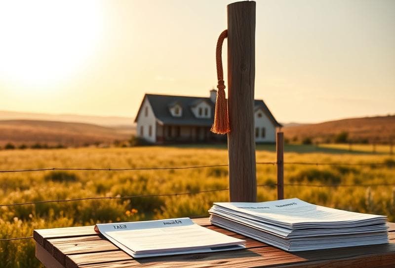 Texas ranch home with wildflowers, lasso on fence, and property tax documents on rustic table.