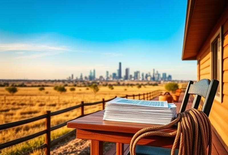 Ranch-style home with property tax documents and lasso on porch, blending Houston skyline and Texas