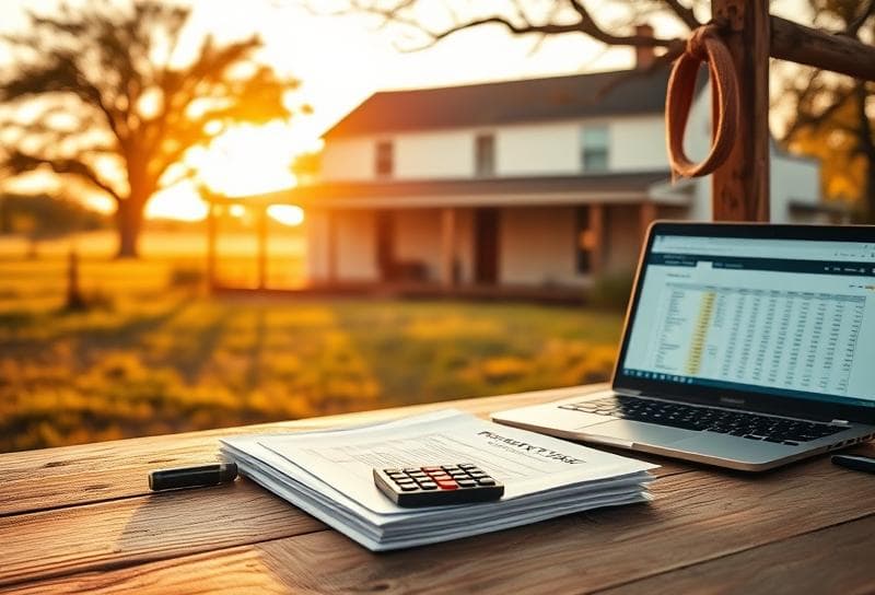 Rustic Texas ranch table with property tax documents, calculator, and laptop displaying a spreadsheet to