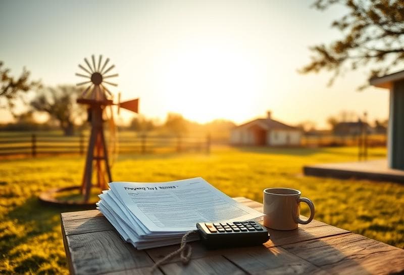 Texas ranch home with property tax documents, calculator, and lasso symbolizing Houston's western roots