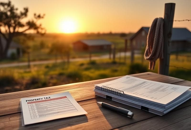 Texas ranch sunrise with property tax documents, lasso on fence, and Houston suburban backdrop for