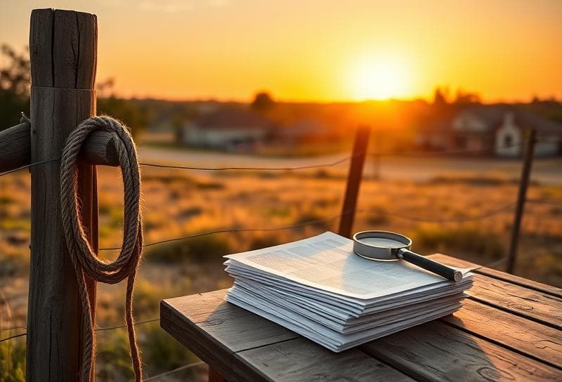Texas ranch sunset with suburban Houston in the distance, lasso on fence, property tax documents
