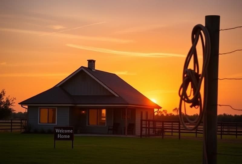 Sunset over a Texas ranch with a suburban Houston home, cowboy silhouette, and lasso symbolizing