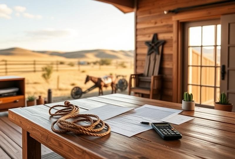 Rustic wooden desk with property tax documents, lasso, and cactus in a Texas ranch-style home.