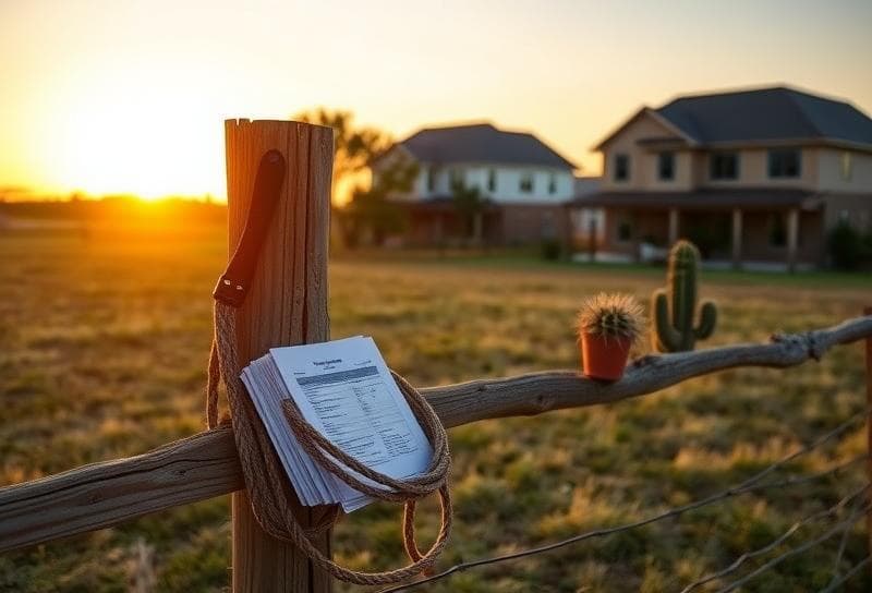 Sunset over a Texas ranch with a Houston suburb, lasso on a fence, and property