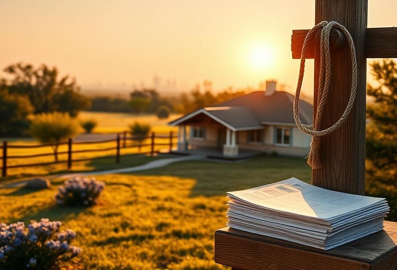 Texas ranch home with Houston skyline, lasso on fence, and property tax documents for STAR