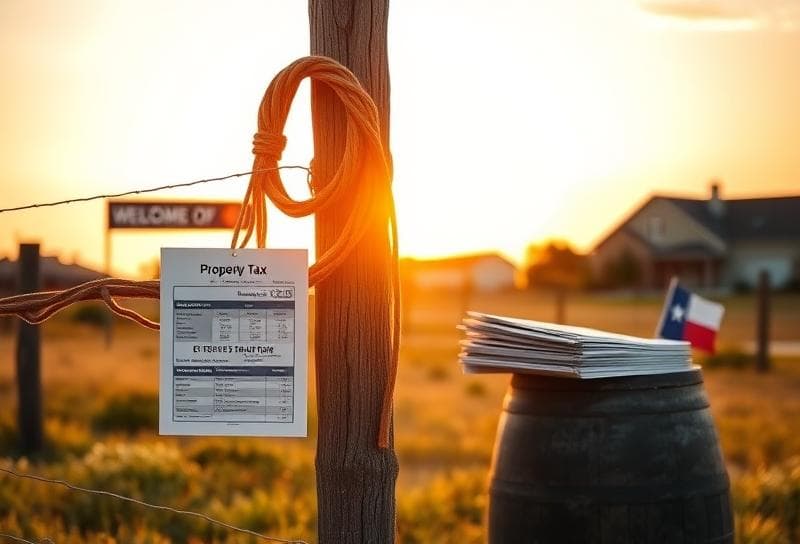 Texas ranch sunset with Houston suburbs, lasso on fence, and property tax documents highlighting new