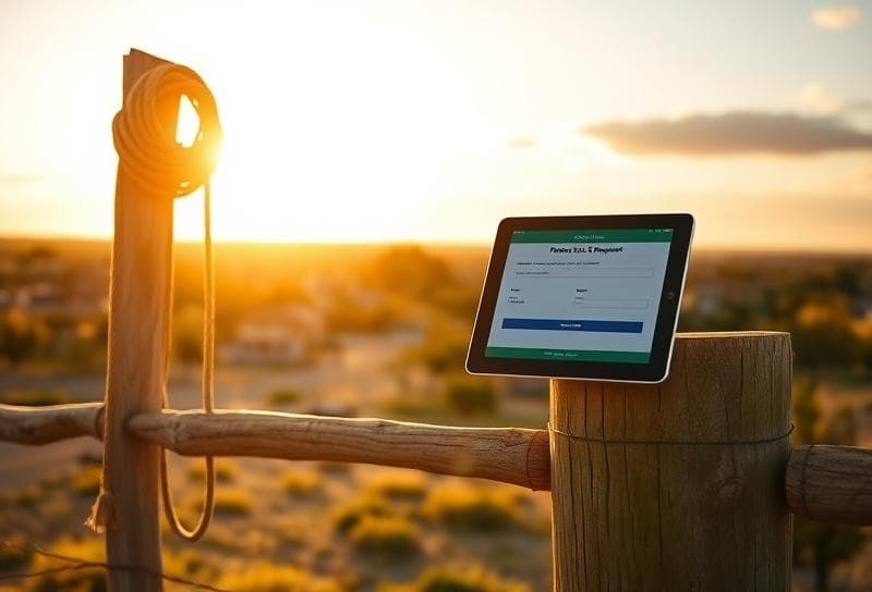 Rustic Texas ranch with a lasso and tablet displaying paying land taxes online confirmation.