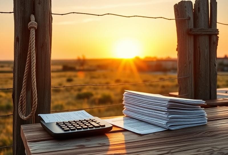 Texas ranch sunset with property tax documents, calculator, and lasso on a rustic wooden table,