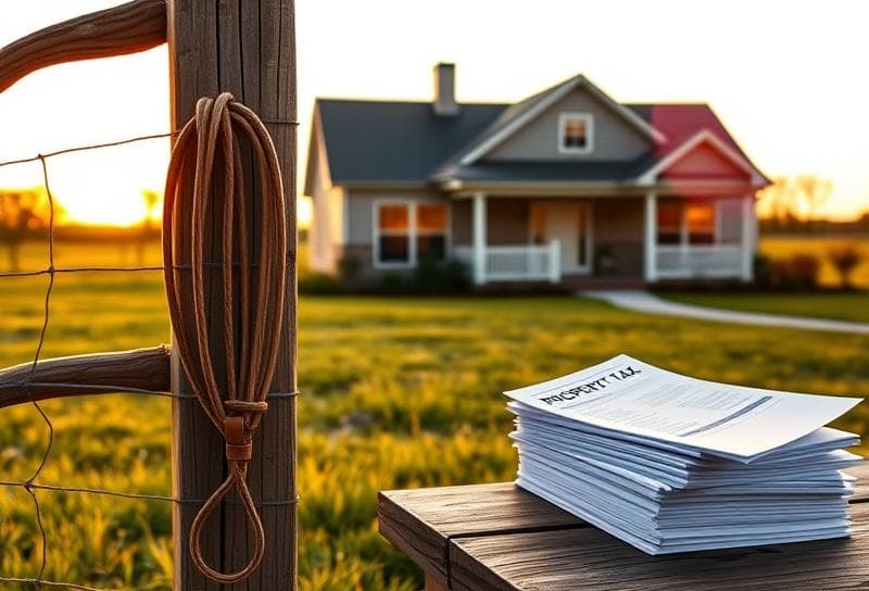 Sunset over a Texas ranch with a modern Houston home, lasso on a fence
