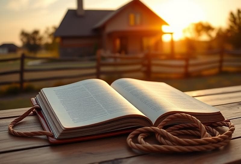 Sunlit Texas ranch with a Houston-style home, lasso, and ledger symbolizing property taxes on my