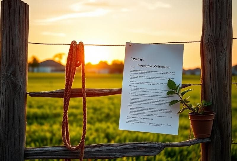 Texas ranch sunset with Houston suburb, lasso on fence, and property tax document symbolizing low property taxes