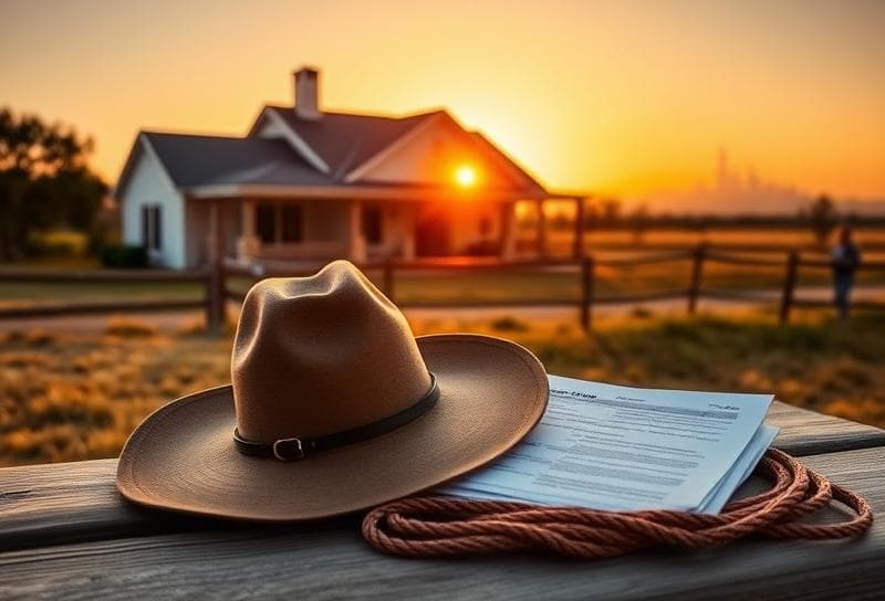 Texas ranch sunset with Houston-style home, cowboy hat, and property tax documents under a warm