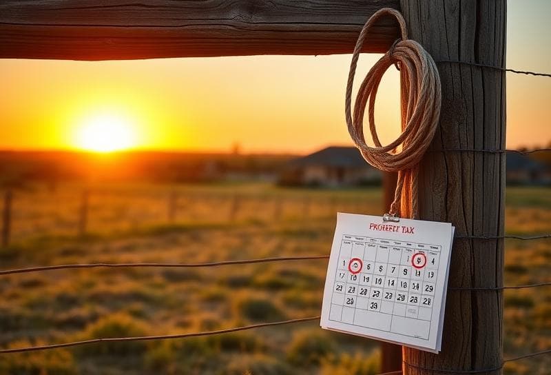 Sunset over a Texas ranch with a lasso on a fence, property tax document, and