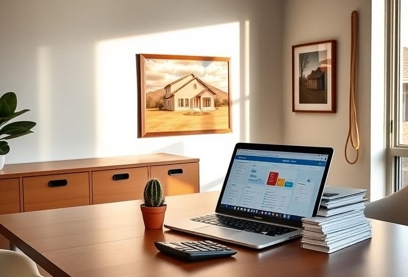 Modern Houston home office with rental property accounting tools, cactus, and Texas ranch decor.