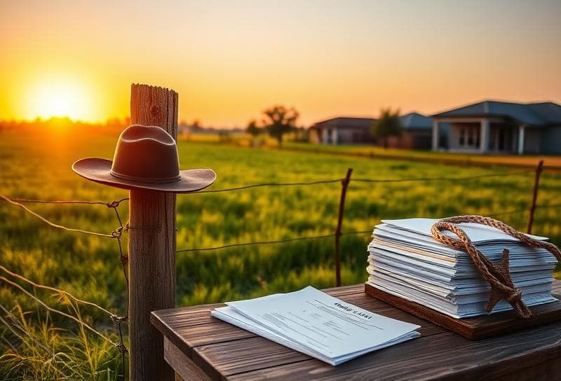Texas ranch sunset with property tax documents and lasso, symbolizing Roberts Tax Appeals heritage