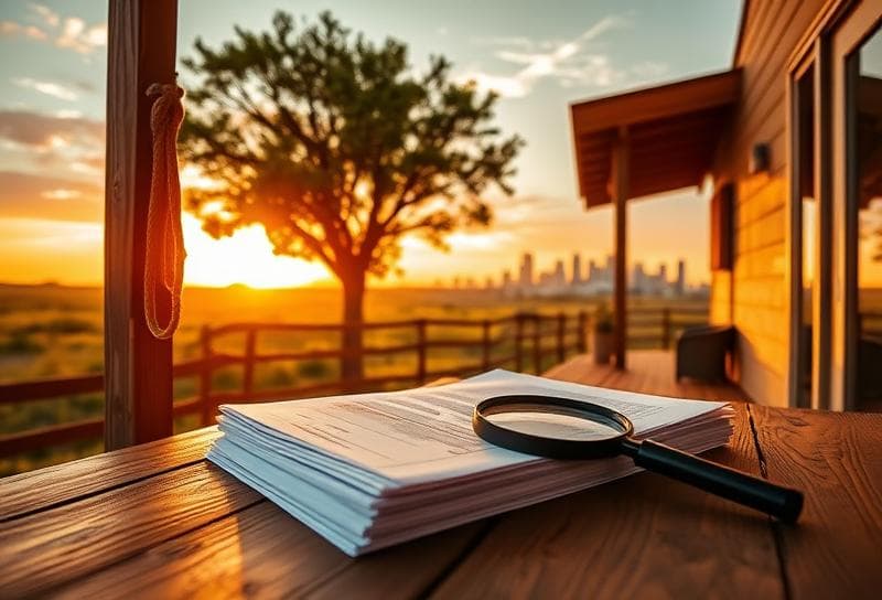 Texas ranch sunset with suburban home, lasso on fence, and property tax documents for CutMyTaxes