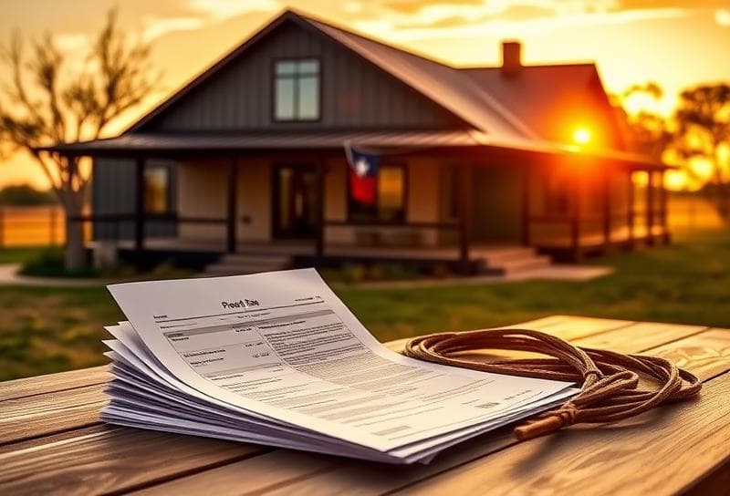 Texas ranch sunset with Houston-style home, property tax documents, and lasso symbolizing SC property tax
