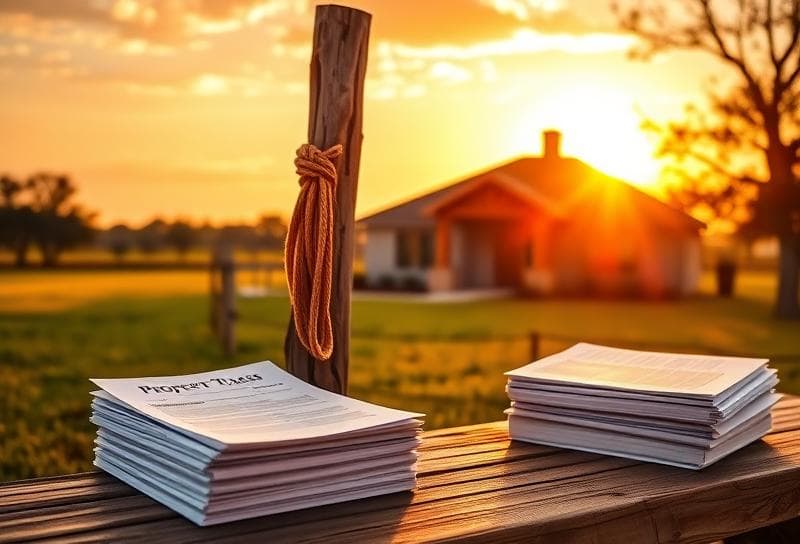Texas ranch sunset with modern Houston home, lasso on fence, and property tax documents on