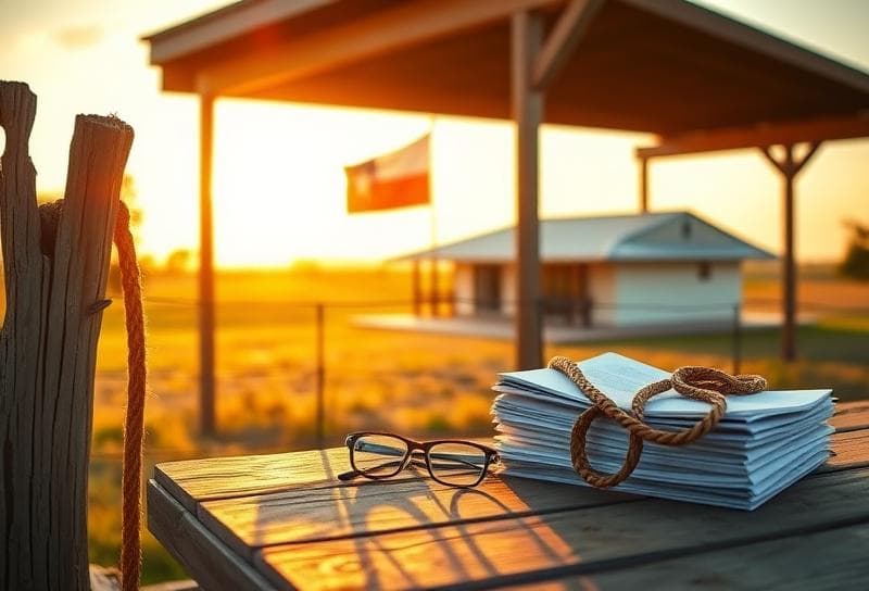 Texas ranch home with a lasso-draped fence, property tax documents, and a waving Texas flag,