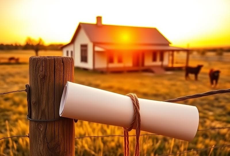 Texas ranch sunset with a Houston-style house, grazing cattle, and a lasso-tied property tax document.