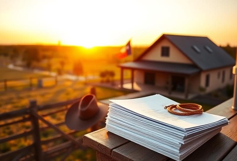 Texas ranch sunset with Houston home, cowboy hat, and property tax documents for Harris County