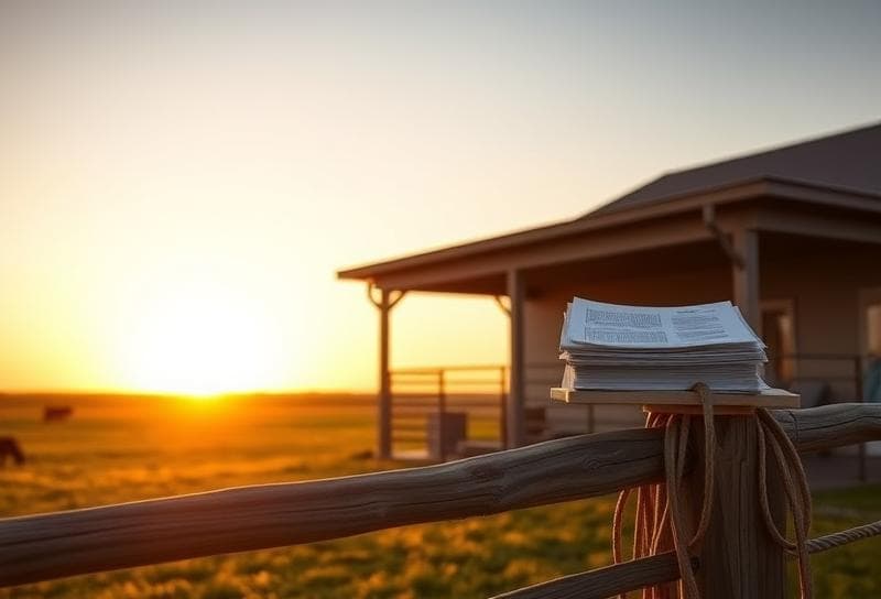 Sunset over a Texas ranch with a modern home, grazing cattle, and property tax valuation