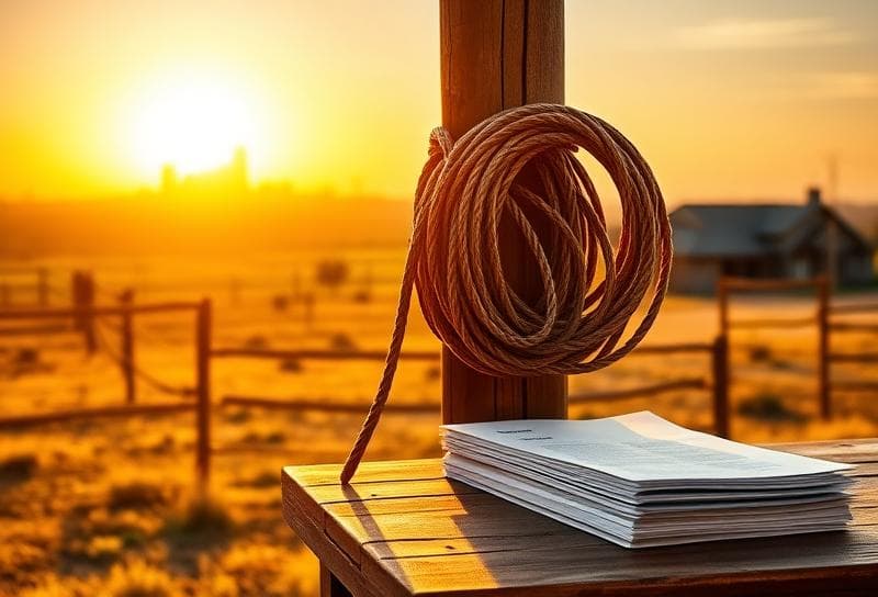 Sunlit Texas ranch with Houston suburban home, lasso on fence, and property tax protest documents