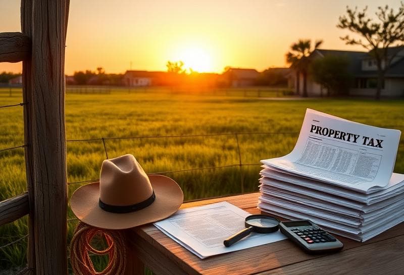 Texas ranch sunset with property tax documents, lasso, and cowboy hat, symbolizing contingency-based appraisal firms