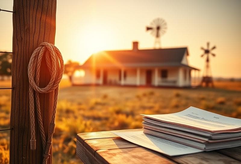 Golden hour Texas ranch with a lasso, windmill, and property documents symbolizing estate tax and